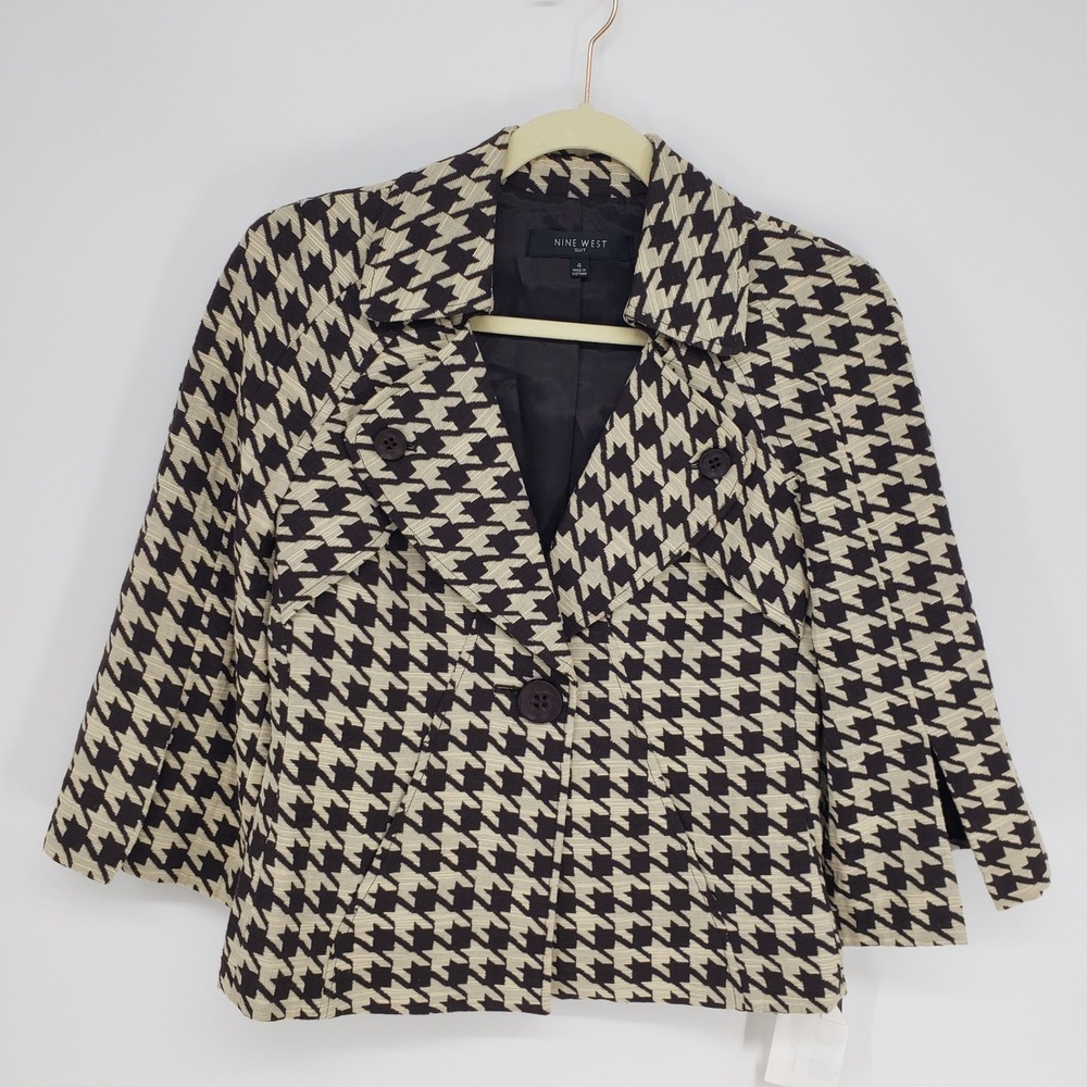 Nine West Houndstooth Blazer Jacket 4 Brown Cropped 3/4 Sleeve‎ Double Breasted